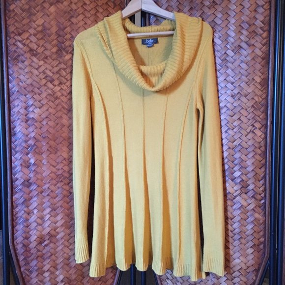 Honey Yellow Cowl Neck Pleated Sweater Dress - Picture 1 of 12